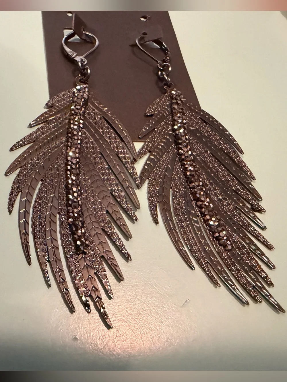 Crystal Embellished Feather Drop Earrings - Gunmetal Finish